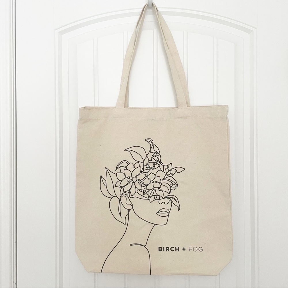 Birch + Fog Canvas Tote Bag with Woman Sketch Artwork